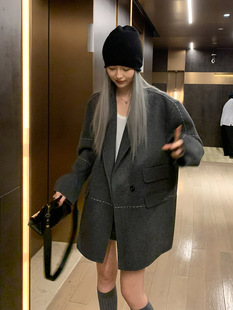 毛呢秋冬新款 绵羊毛双面呢中长款 英伦风大衣外套 毕加索线条 洛边