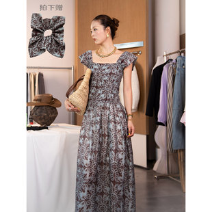 方领复古印花连衣裙宽松显瘦中长款 原创设计师款 A字裙 苍兰 洛边
