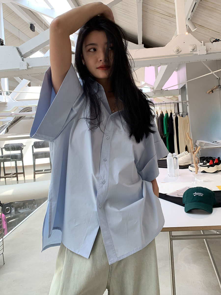 洛边   蓝色梦游～大袖笼ins潮衬衫女2025夏季新款韩版宽松上衣