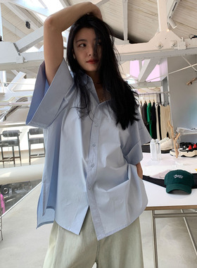 洛边   蓝色梦游～大袖笼ins潮衬衫女2025夏季新款韩版宽松上衣