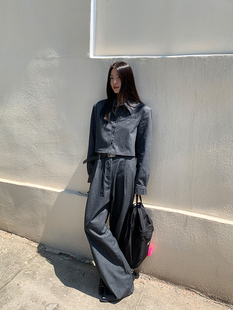 显瘦条纹百搭裤 衬衣上衣休闲裤 子 衬衫 洛边石磨砂洗棉条纹两件套装