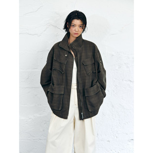 外套女宽松百搭夹克上衣 原创设计小众格子工装 洛边 冷萃冰美式