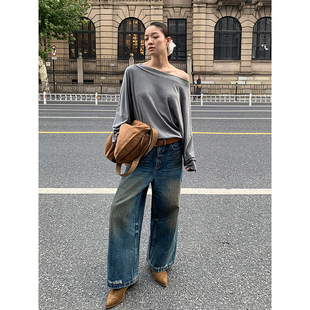 秋新阔腿九分裤 洛边 复古做旧茧型牛仔裤 来了 小个子梨型身材神裤