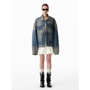 新宽松洗水渐变色上衣 牛仔外套春季 洛边 重工艺洗水复古茧形宽袖