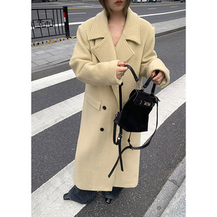 毛呢大衣开衩宽松百搭外套冬 80羊毛双排扣中长款 洛边 小鸡黄