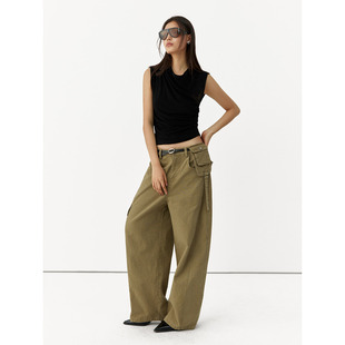 女宽松直筒多口袋卡其色休闲裤 裤 显瘦 静酷风工装 洛边