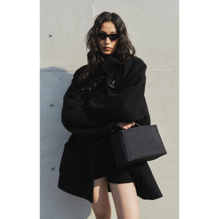 洛边 魔法学院黑色小个子双面羊毛外套冬牛角扣中长款毛呢大衣女