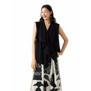 女黑色不规则下摆设计感上衣 衬衫 洛边 知性优雅风V领无袖