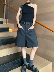 复古纯色简约直筒裤 高腰显瘦阔腿五分裤 夏季 A字版 新款 洛边