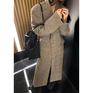洛边 羊毛毛呢大衣宽松中长宽网纹格子双排扣外套女 原创设计师款