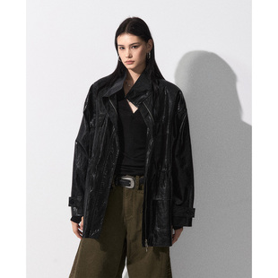 复古PU皮衣外套宽松休闲百搭抽绳夹克上衣新款 设计师款 不羁 洛边