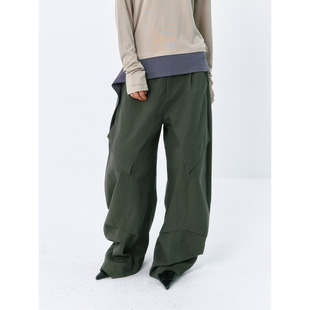 垂感遮肉宽松长裤 女春季 简约休闲风军绿色阔腿裤 洛边