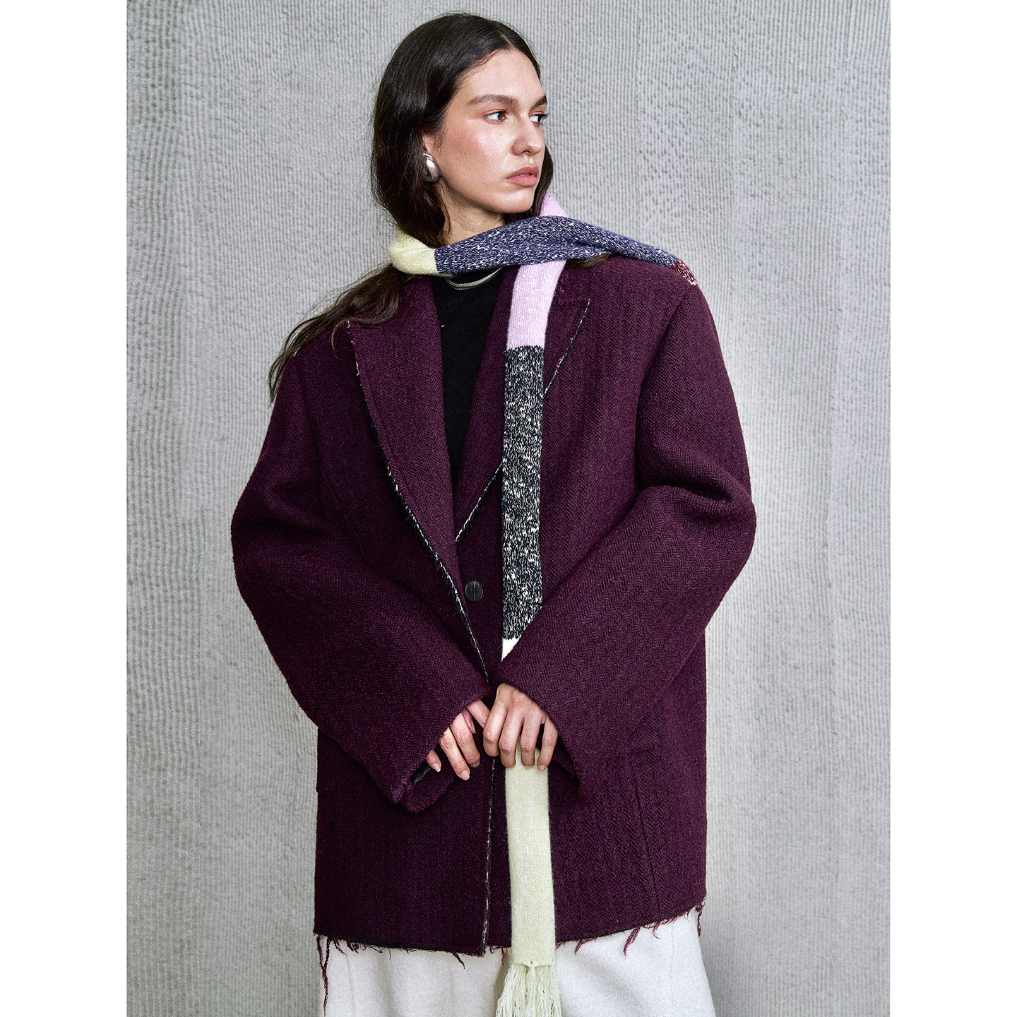 洛边 原创设计毛呢西装女紫色宽松廓形中长款通勤百搭毛边外套