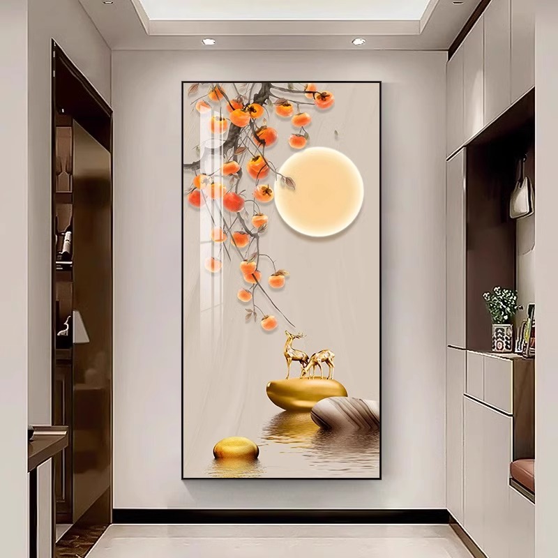 柿柿如意玄关装饰画现代简约入户走廊过道挂画新中式正对门墙壁画图片