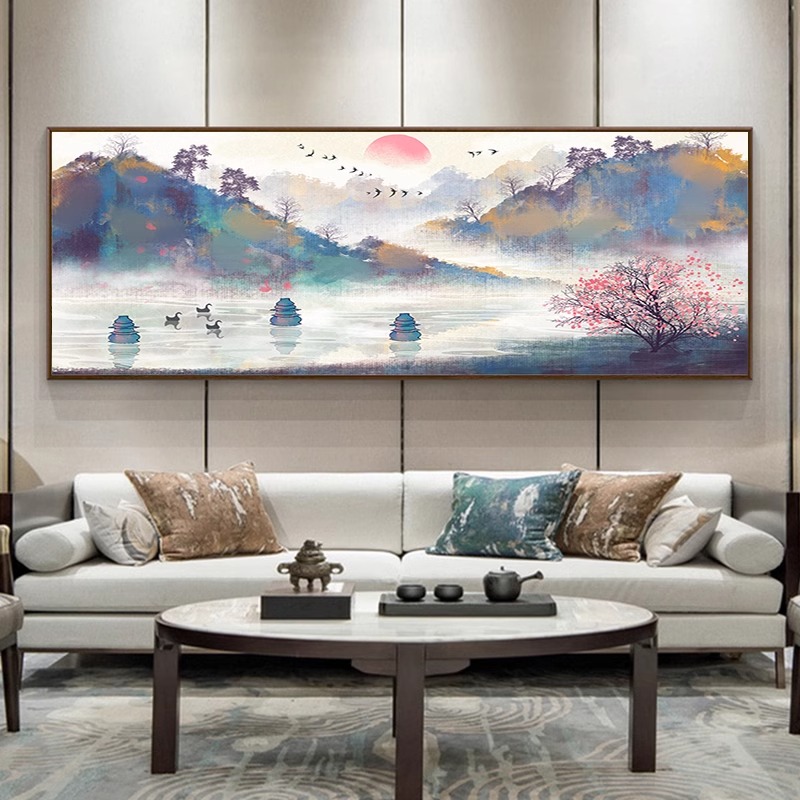 新中式国画风景装饰画客厅背景墙山水茶室禅意水墨挂画办公室壁画图片