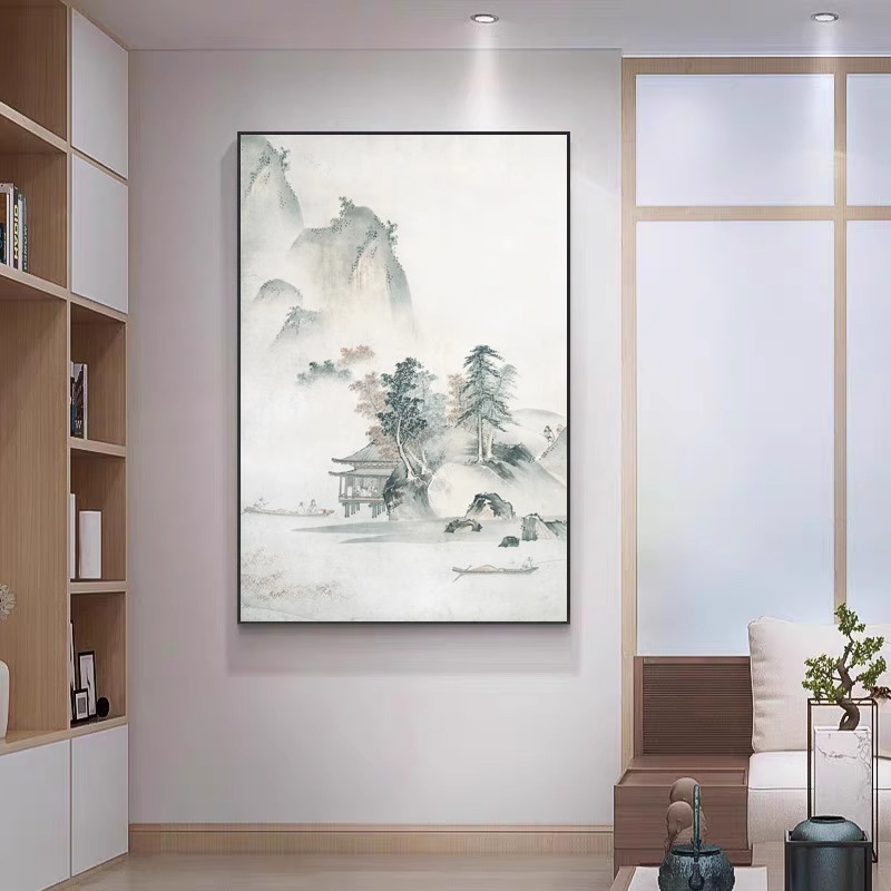 玄关装饰画山水画新中式客厅挂画竖版入户正对门墙画走廊过道壁画图片