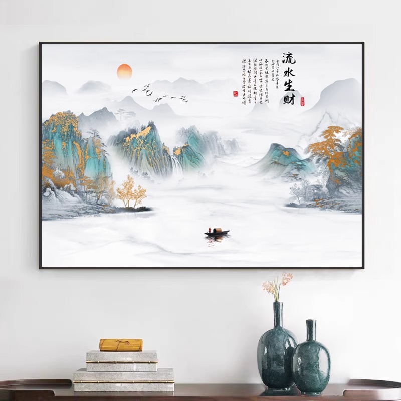 中式客厅装饰画山水画禅意书房茶室背景墙挂画办公室餐厅餐桌壁画图片