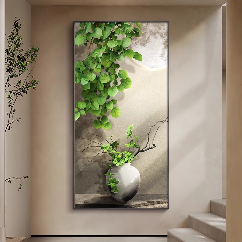 绿植玄关装饰画2025新款侘寂风走廊过道挂画进门入户高档简约壁画图片