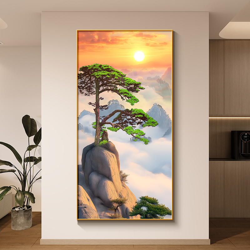 迎客松挂画2025新款玄关装饰画简约大气客厅走廊过道旭日东升壁画图片