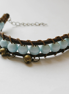 南国瓦瓷 |景德镇陶瓷首饰 民族风编织手绳串珠铃铛手链 饰品皮绳