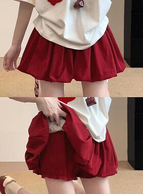 红色蓬蓬花苞短裙女夏季高腰显瘦美式复古辣妹防走光a字百褶短裙