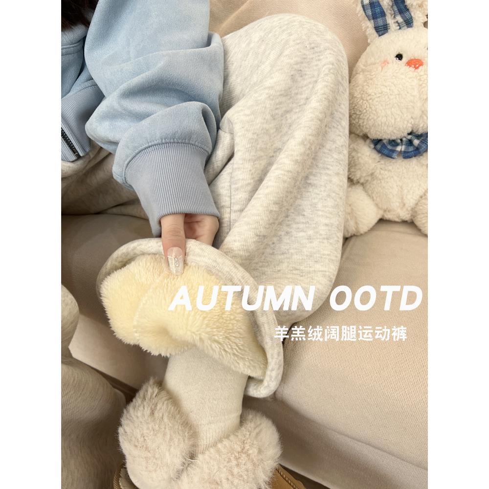 灰色羊羔绒运动裤女秋冬2025新款加绒棉裤束脚休闲阔腿小个子卫裤