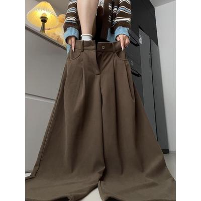 棕咖色灯芯绒西装裤女秋冬高腰宽松bf慵懒风小个子直筒加绒阔腿裤