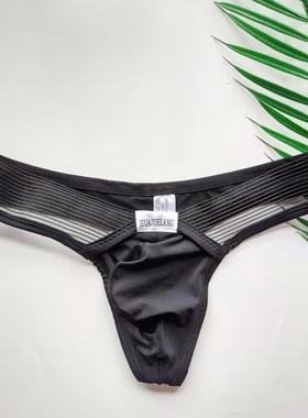 男士时尚纯色丁字囊袋U凸拼色蕾丝低腰性感内裤青年柔滑舒适