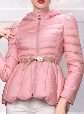 羽 芮专柜正品时尚修身百搭水波纹花边连帽羽绒服04195