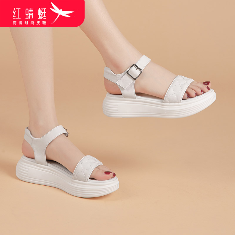 红蜻蜓女凉鞋2025夏季厚底运动休闲松糕底真皮一字扣带平底凉鞋女