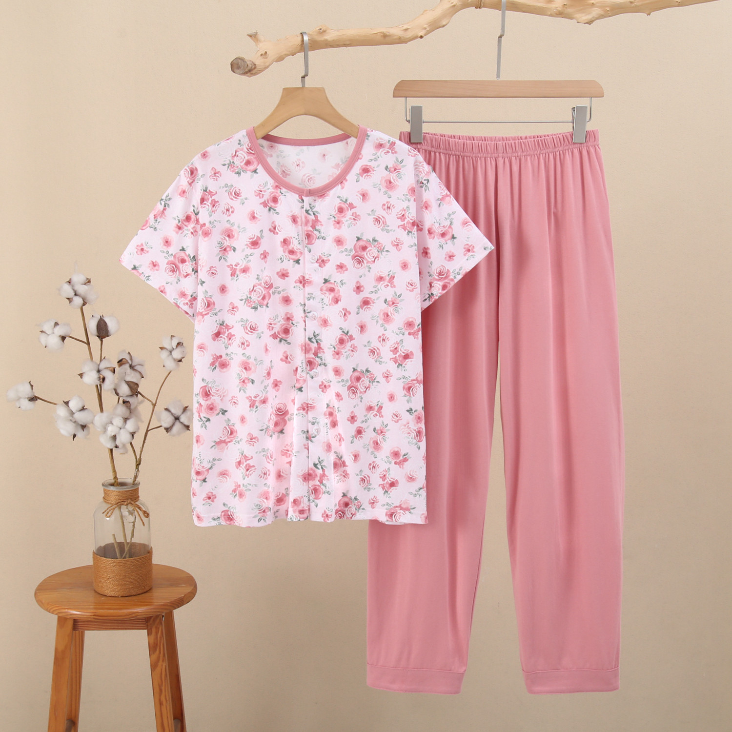 中老年纯棉短袖开衫长裤家居服套
