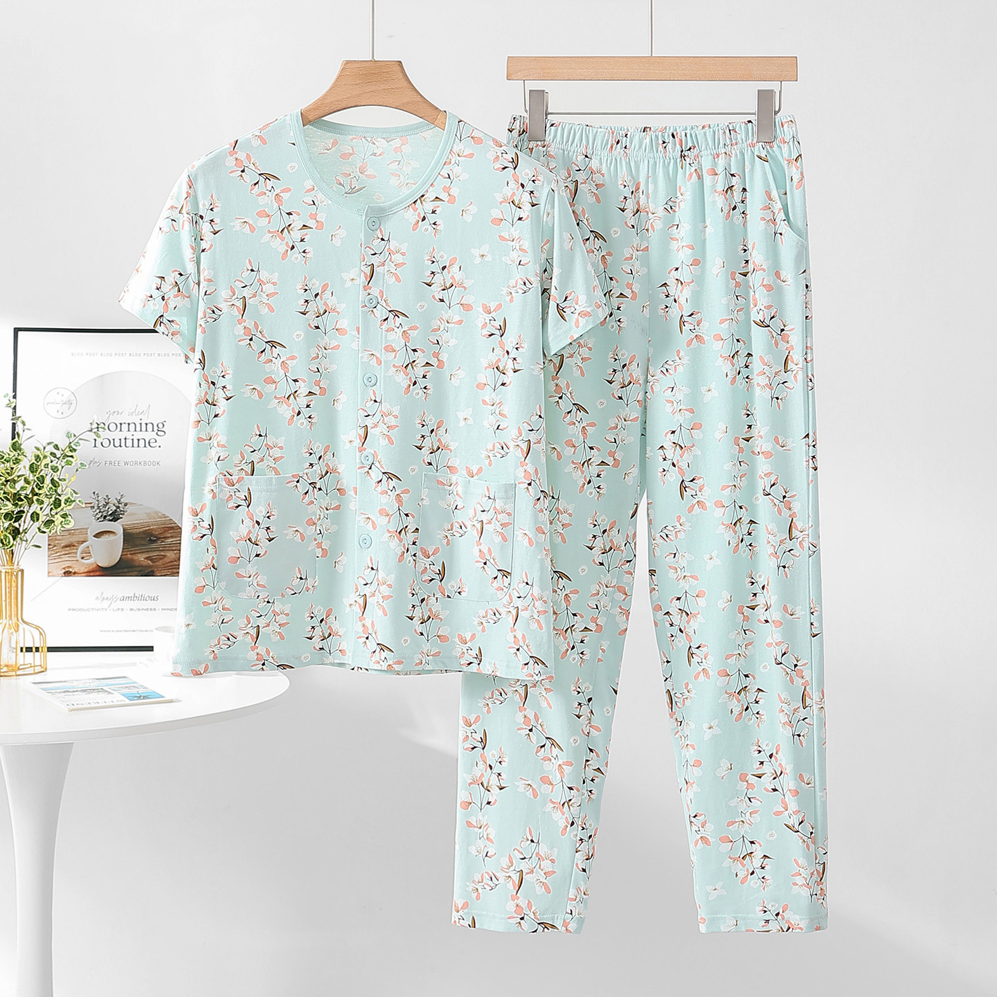 妈妈纯棉开衫碎花家居服两件套