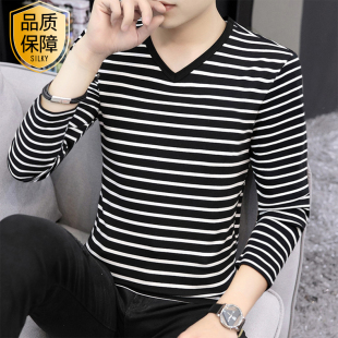 长袖 薄款 春秋季 V领t恤纯棉修身 潮流百搭上衣男士 黑白条纹t恤男款