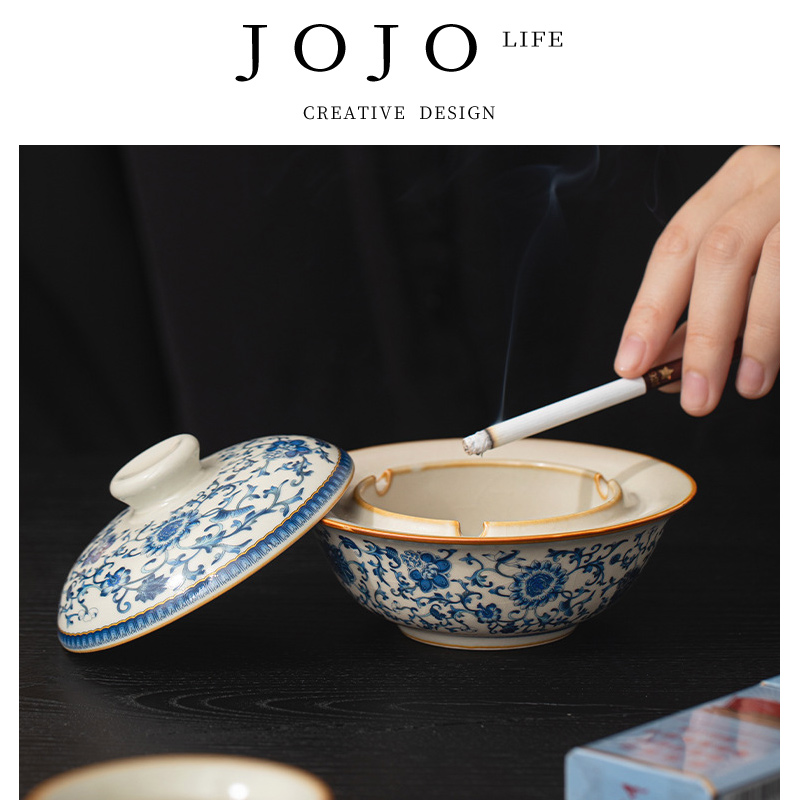 紫泉涧汝窑青花缠枝莲陶瓷烟灰缸