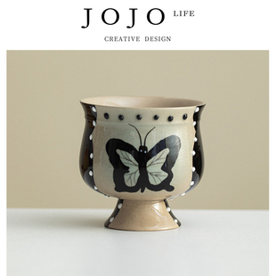 漆趾 JOJO PD.paint.釉下手绘堆雕小高足茶杯家用陶瓷主人杯