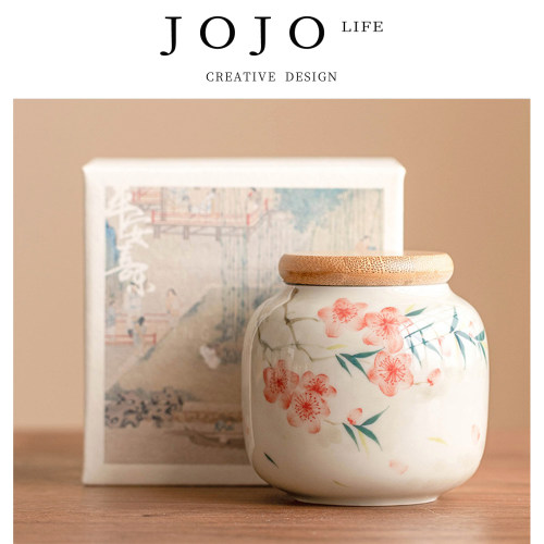 jojo储存罐手绘桃花茶具陶瓷防潮
