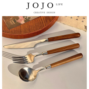 PD.fall.仿胡桃木柄简约质感不锈钢勺子叉子 坠柒 JOJO