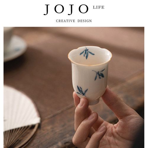紫泉涧茶杯手绘蝴蝶兰品茗杯复古