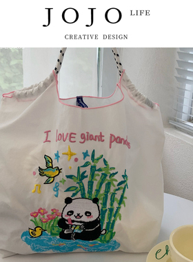 JOJO'S L. PD.construct.新款熊猫花花刺绣容量手提帆布袋 | 盾构