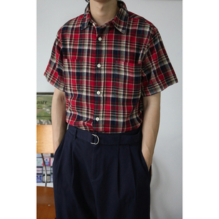 Western check shirt 美式西部复古格纹磨毛尖领工装休闲短袖衬衫