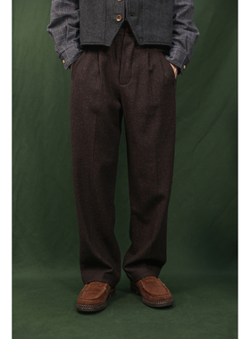 Secondorder FW24 Tweed Wool TRS 纯羊毛粗花呢复古双褶百搭长裤
