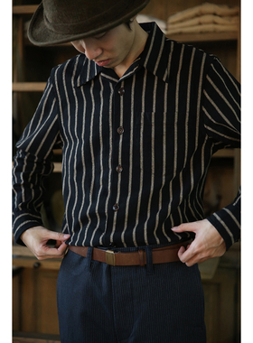 Open collar shirt 古巴领 纯棉 日式复古休闲 条纹开领长袖衬衫