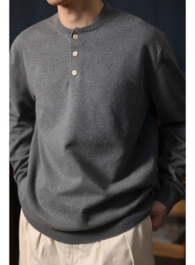 Henley T-shirt 纯色基础百搭打底 套头针织衫亨利领长袖T恤