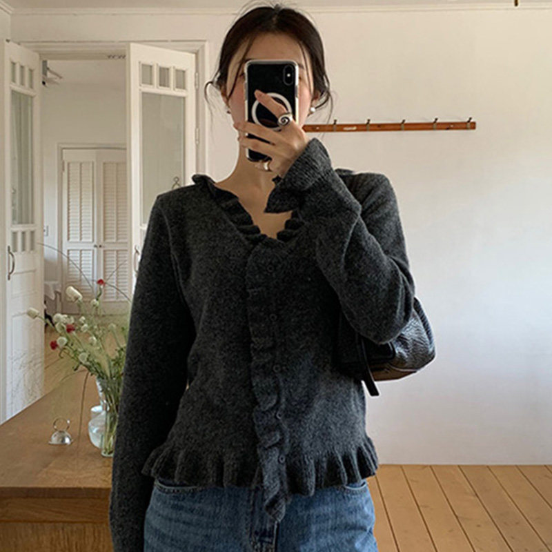 韩国代购直邮Flily春温柔淑女甜美风V领荷叶边套头长袖针织衫女