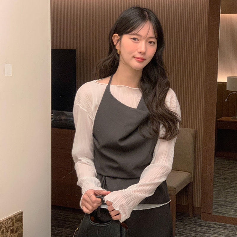 韩国代购直邮2026春韩版优雅挂脖式外穿系带高级感褶皱吊带背心