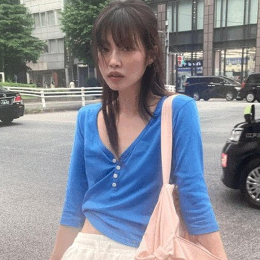 韩国代购直邮2026夏Heylady韩系蓝色V领纽扣中袖T恤百搭显瘦上衣