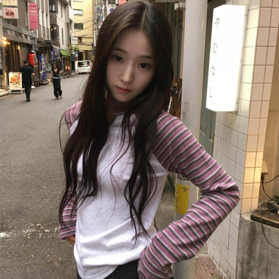 韩国代购直邮2026秋Daybin撞色条纹长袖T恤女插肩袖甜美少女上衣