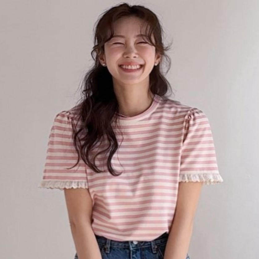 韩国代购直邮2026夏Leelin淑女风蕾丝花边条纹小清新气质短袖T恤