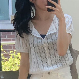 针织开衫 韩国直邮Cherrykoko夏甜美温柔淑女圆领直筒轻薄短袖 女