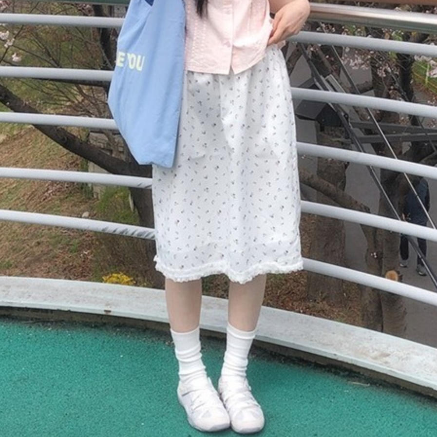 韩国代购直邮2026夏Vinvle清新温柔风白色碎花蕾丝边松紧腰半身裙